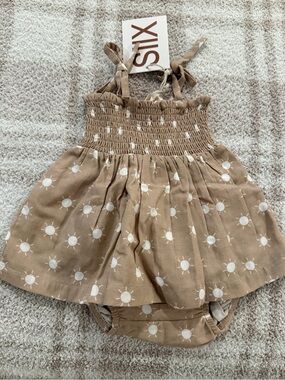 Tan Sun Print Smocked Dress & Diaper Cover Set